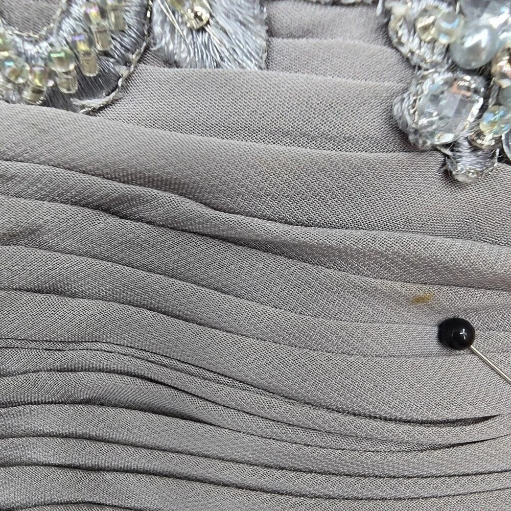 Caterina Collection Womens Grey Beaded Ruched Tiered Ruffle Formal Dress Size 12 - Picture 11 of 15